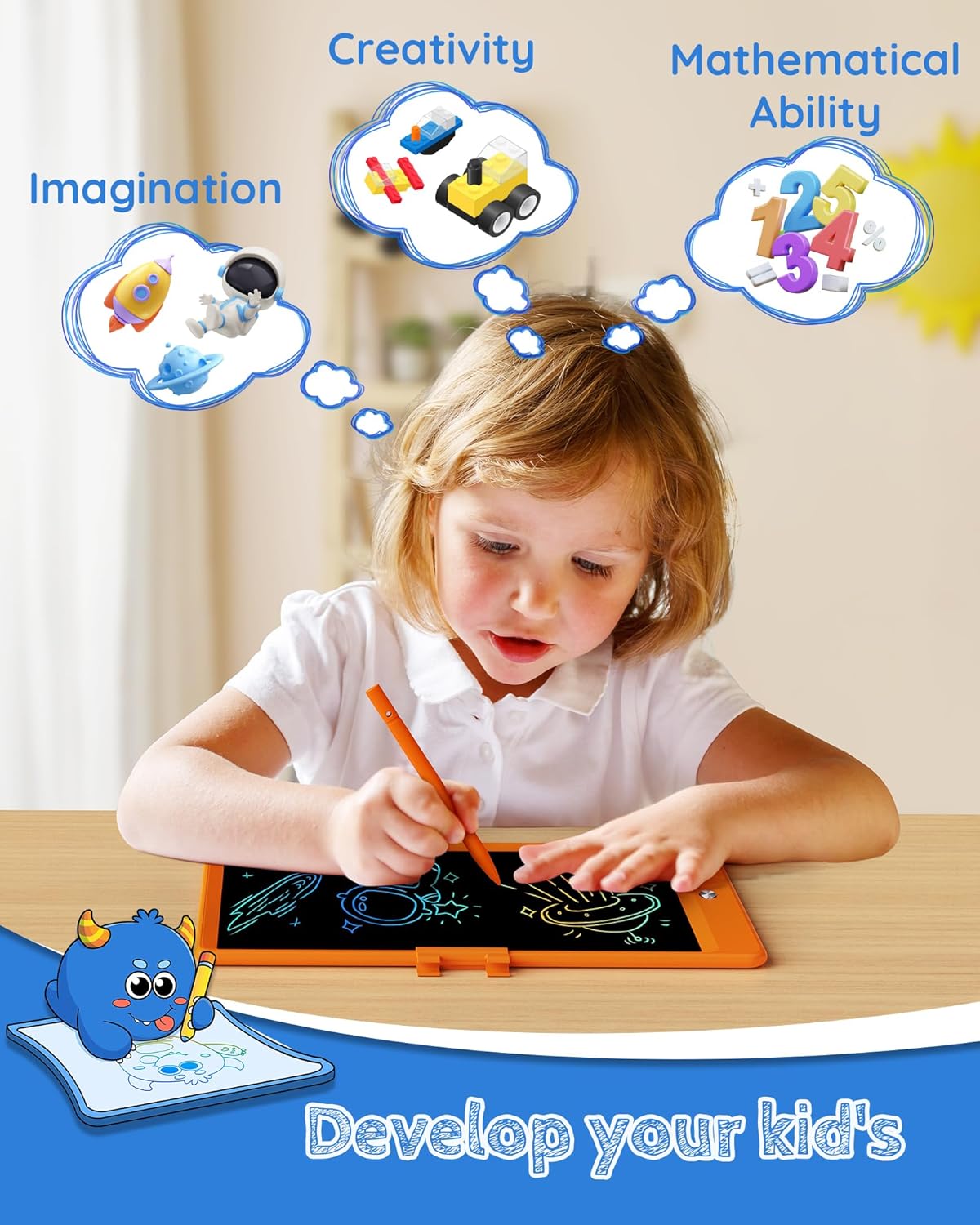 TEKFUN Toys for Girls Boys 10IN LCD Writing Tablet, Magic Doodle Board with Anti-Lost Stylus, Mess