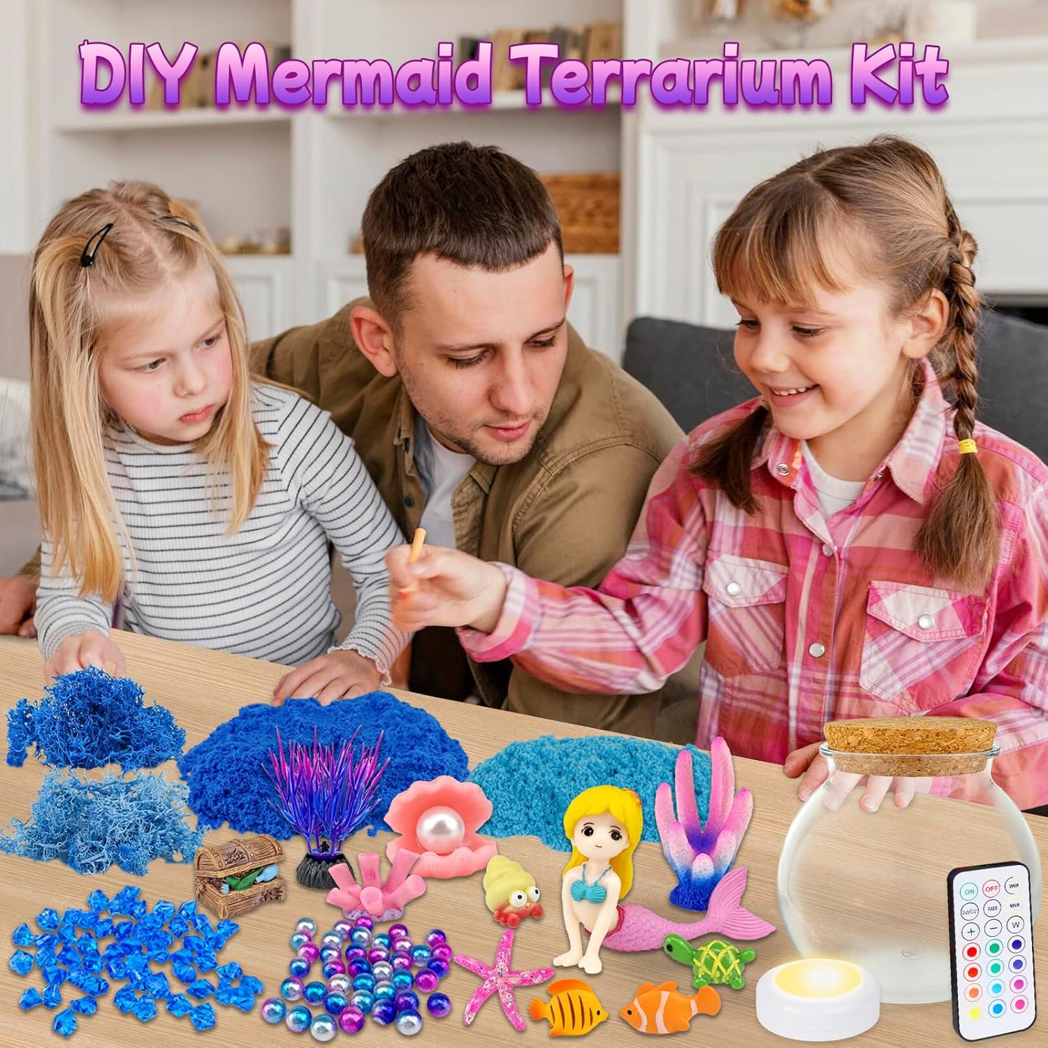 Mermaid Terrarium Craft Kit for Kids - LED Night Light Up & Remote Mermaid Birthday Gifts Toys for