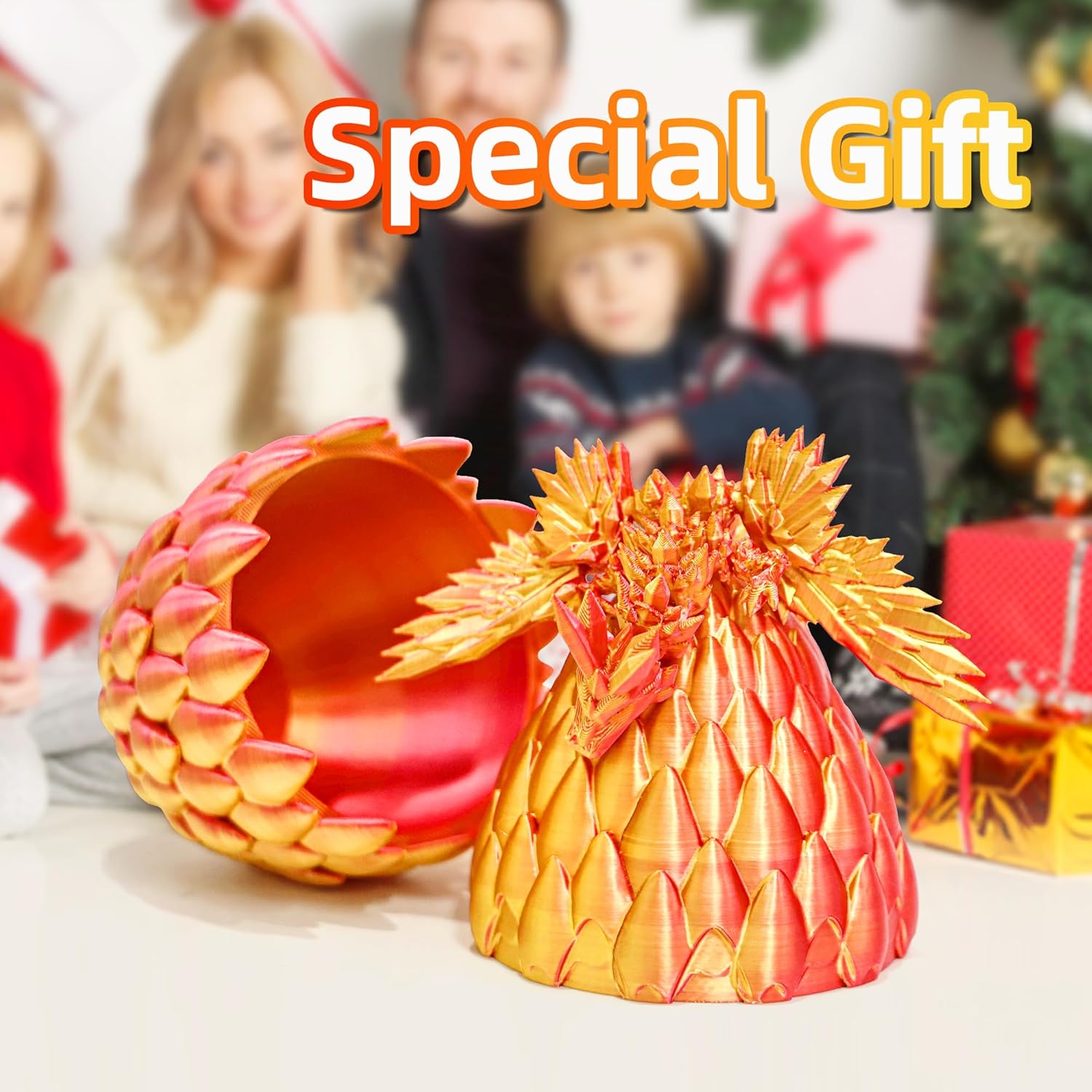 3D Printed Flying Dragon in Egg - Red Mix Gold - Surprise Egg with Flexible Winged Dragon Inside