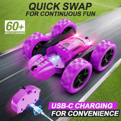RC Cars, Purple Remote Control Car for Girls, 2.4 GHZ Double Sided RC Stunt Car 360° Rotating