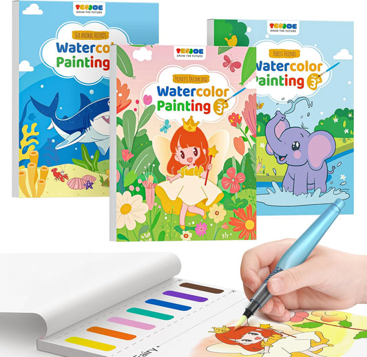 TECJOE 3 Pack Paint with Water Coloring Books for Toddlers, Watercolor Paint Set with 6 Brushes