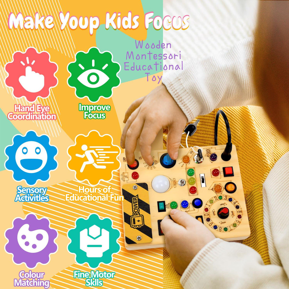 Busy Board with LED Light Switches, Montessori Toys for 1 2 3 Years Old, Toddlers Wooden Toy