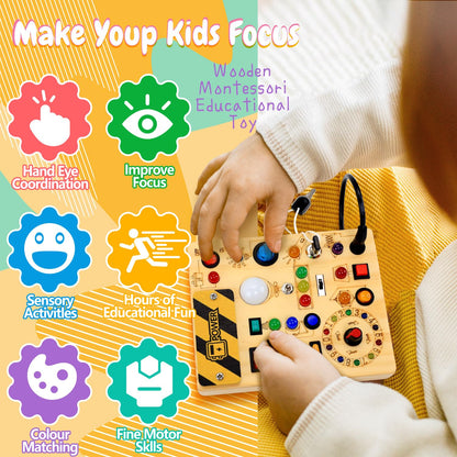 Busy Board with LED Light Switches, Montessori Toys for 1 2 3 Years Old, Toddlers Wooden Toy