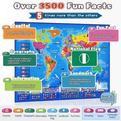 Bilingual Interactive Kids Talking World Map & Dinosaur Poster for Kids Learning and Educational