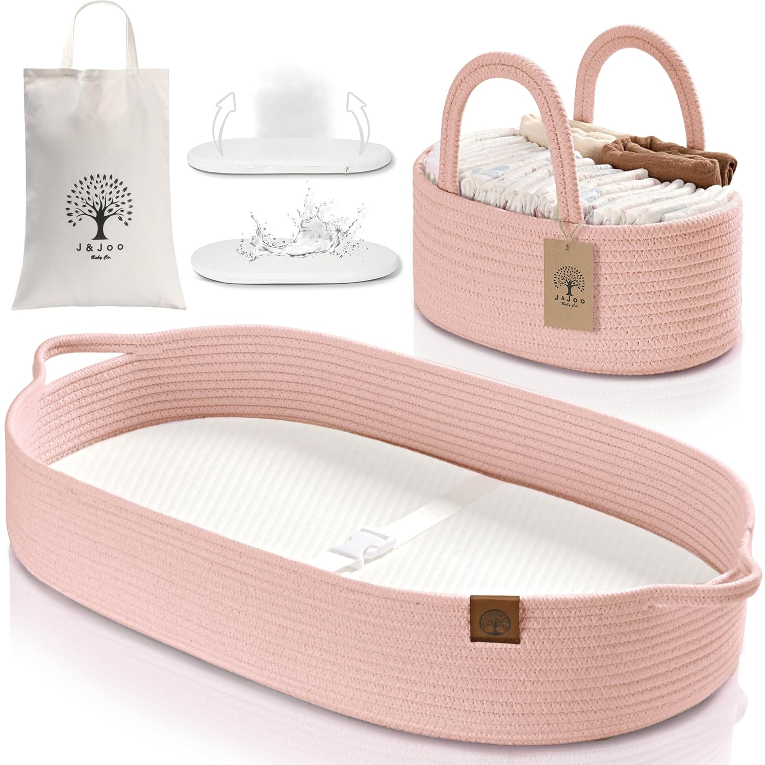 J&JOO Baby Changing Basket includes Diaper Caddy - Breathable & Waterproof Dual-Cover, Portable
