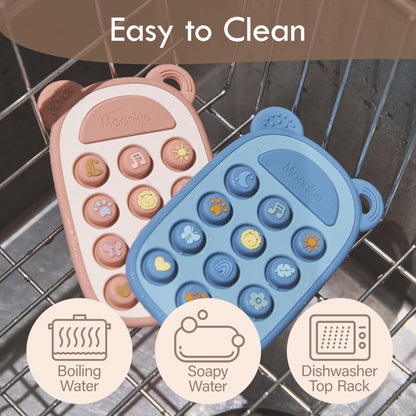 Moonkie Silicone Press Phone Teething Toy for Baby 3 Months+ | Soft BPA-Free Teether with Icon &