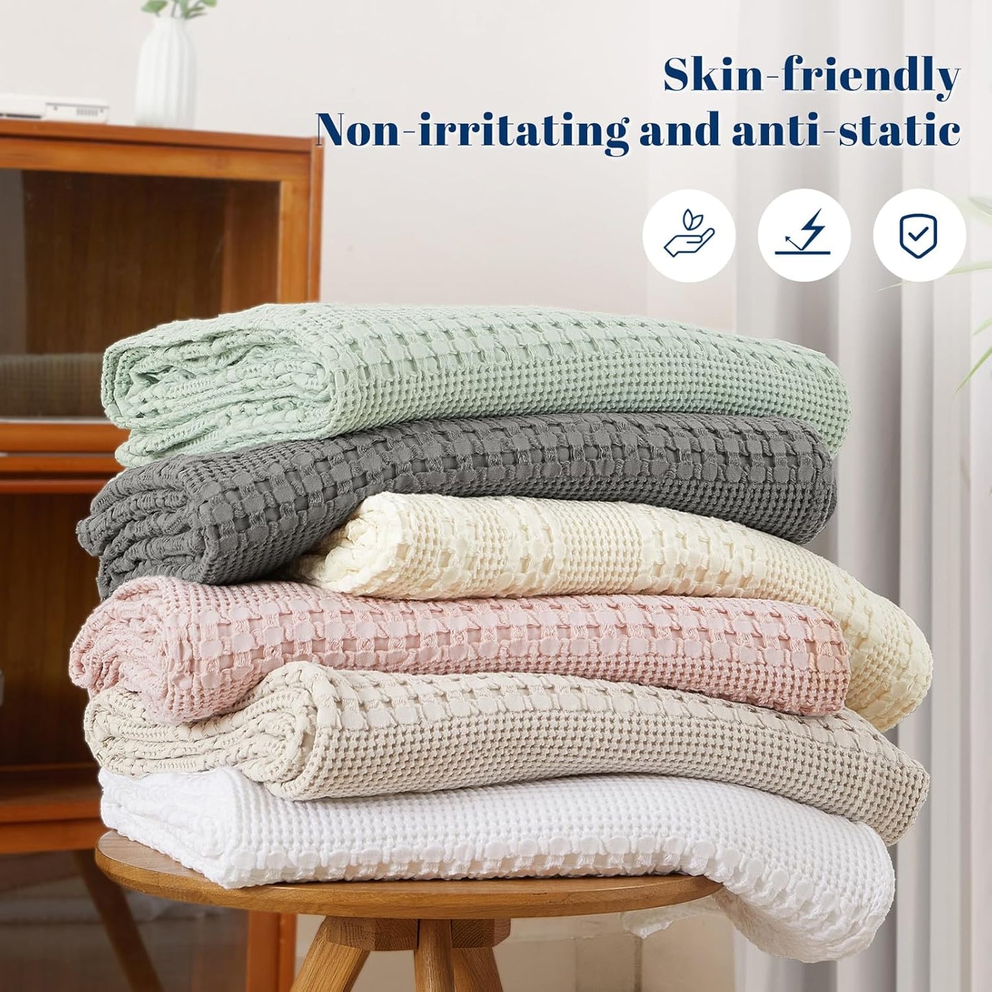 PHF 100% Cotton Waffle Weave Blanket Twin Size, Soft Lightweight Breathable Cozy Summer Blankets