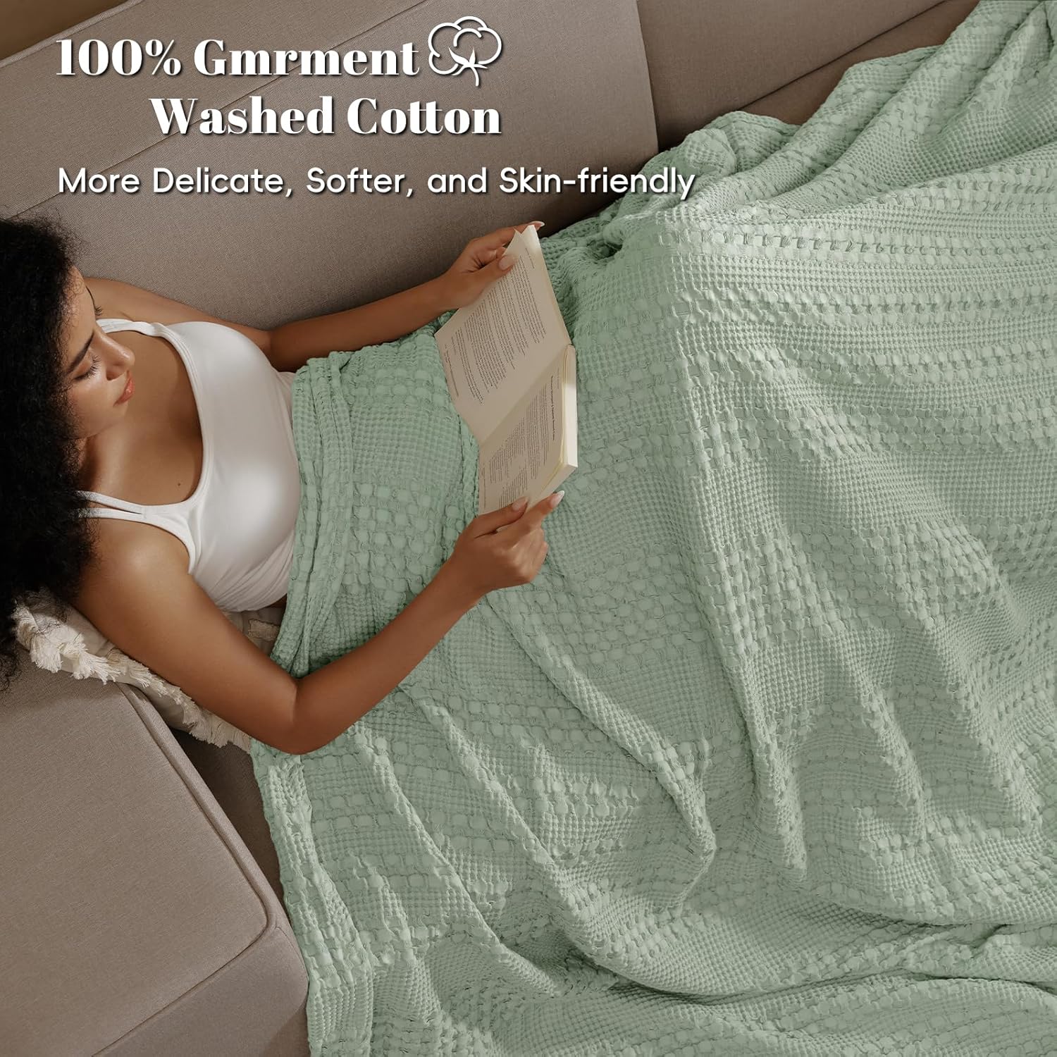 PHF 100% Cotton Waffle Weave Blanket Queen Size, Soft Lightweight Breathable Cozy Summer Blankets