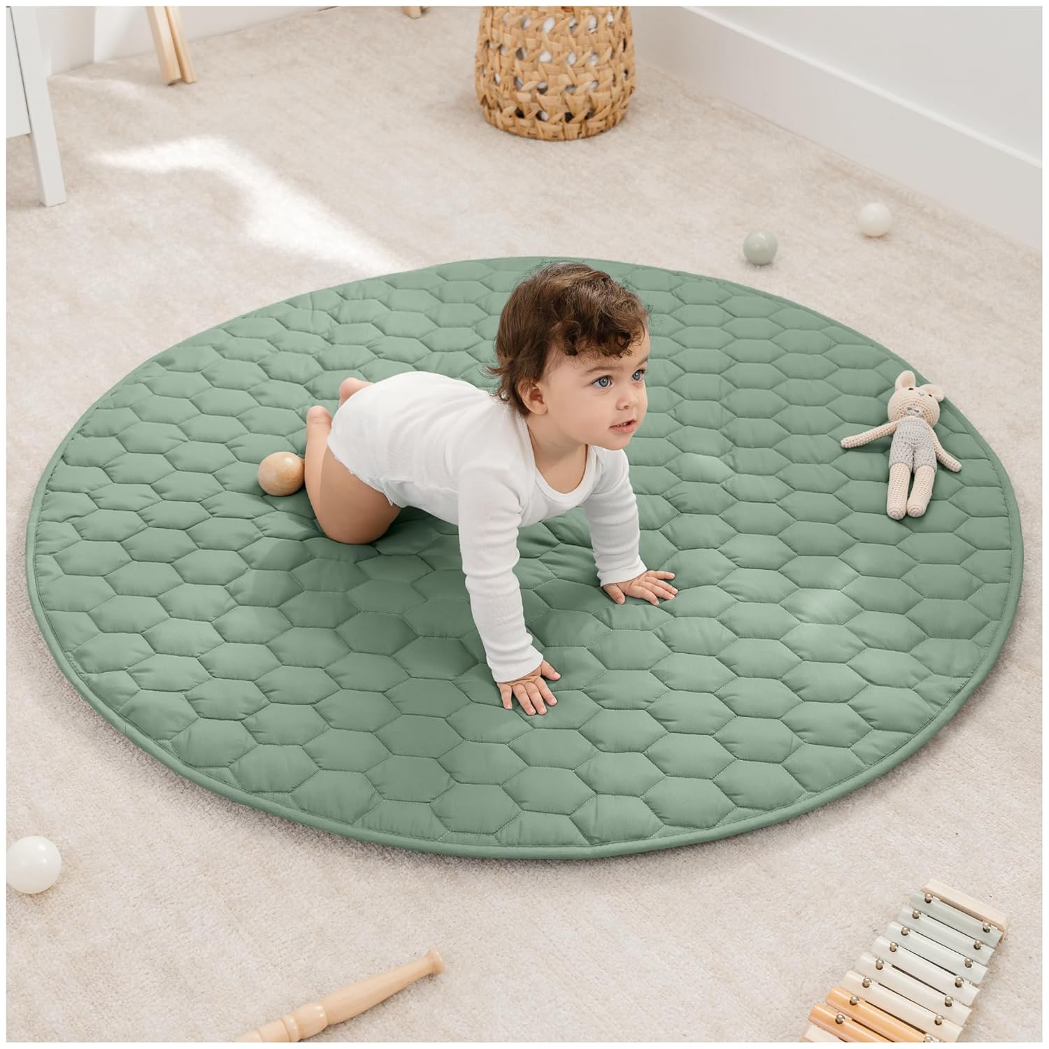 Comfy Cubs Round Kids Play Mat - Medium 48 inches Soft Quilted Baby Floor Mat with Non-Slip Bottom