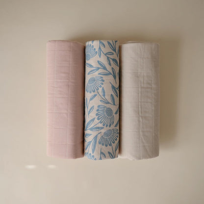 mushie Waterproof Changing Pad Liners | 100% Organic Cotton | Set of 3 (Blue Flowers Combo)