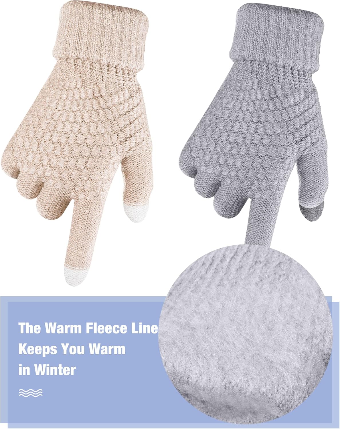 Geyoga 2 Pairs Women's Winter Touch Screen Gloves Soft Warm Fleece Lined Knit Elastic Cuff Winter