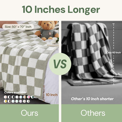 WRENSONGE Checkered Throw Blanket, Light Grey Soft Cozy Fluffy Warm Hand Made Throw Blankets for
