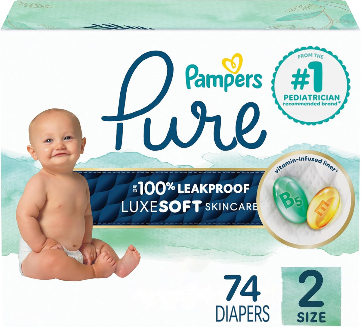 Pampers Baby Diapers - Pure Protection - Size 2, 74 Count, for up to 100% Leakproof, Premium
