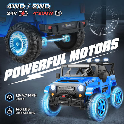 Hikole 24V Kids Ride on Car - 2 Seater, 4WD/2WD Switch, 4x200W Motor, Remote Control, 3 Speeds, LED
