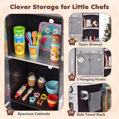 Costzon Kids Play Kitchen, Wooden Kids Kitchen Playset w/Realistic Sound, Microwave, Oven