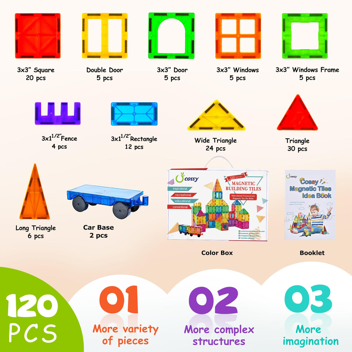 cossy 120Pcs Magnetic Tiles Magnetic 3D Building Blocks Set, Construction Toys for 3 4 5 6 7 8 Year