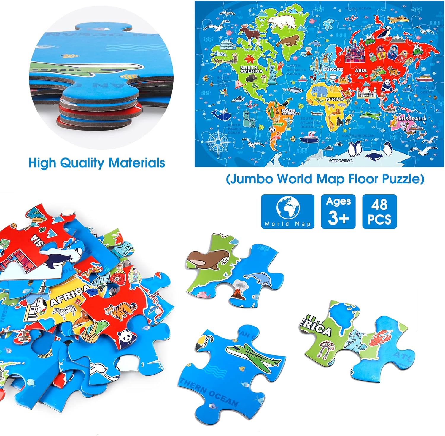 Jumbo Floor Puzzle for Kids,World Map Jigsaw Geography Puzzles,48 Piece Globe Atlas Puzzle with