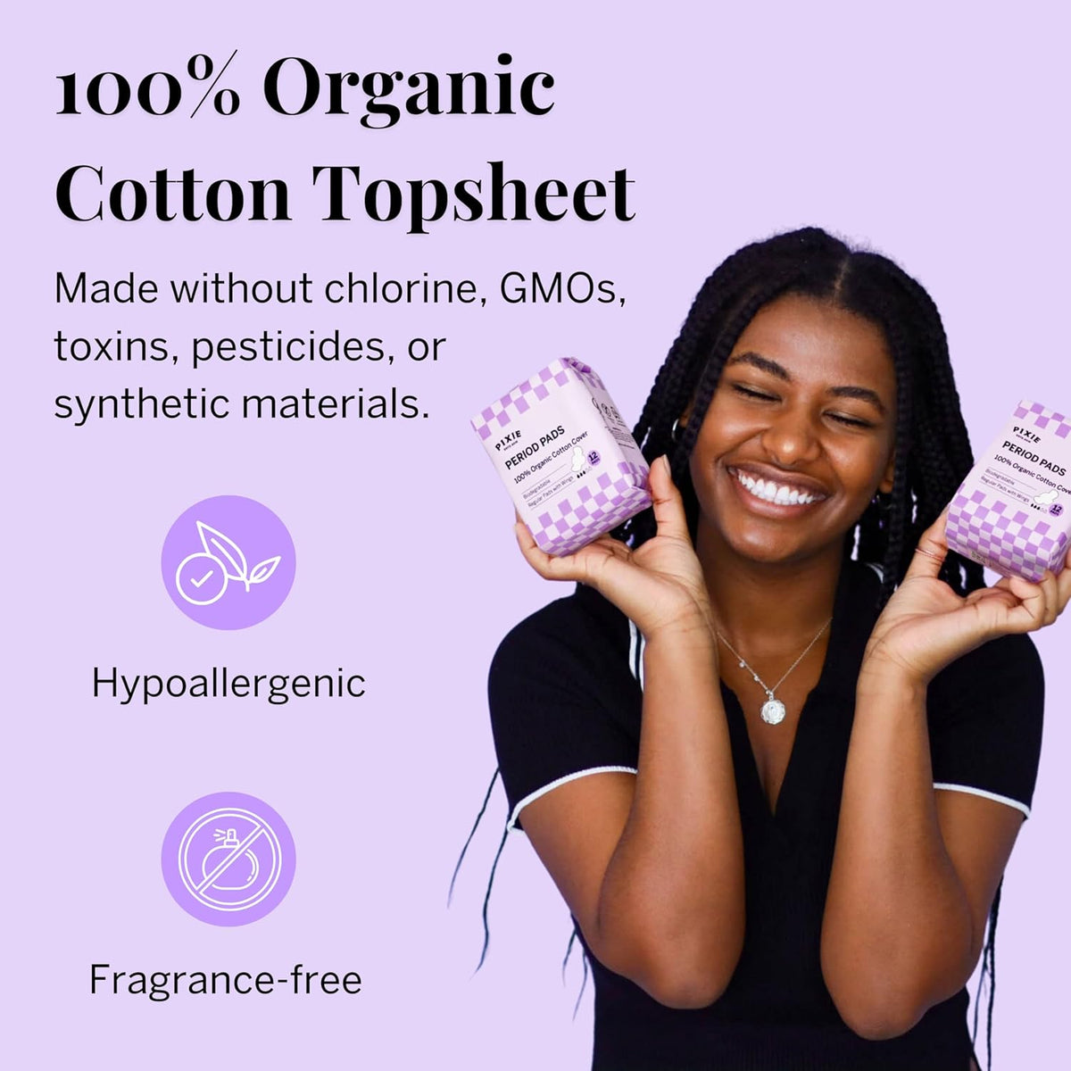 Pixie Organic Cotton Pads for Women - Ultra Thin with Wings, Leak-Proof & Moisture-Wicking