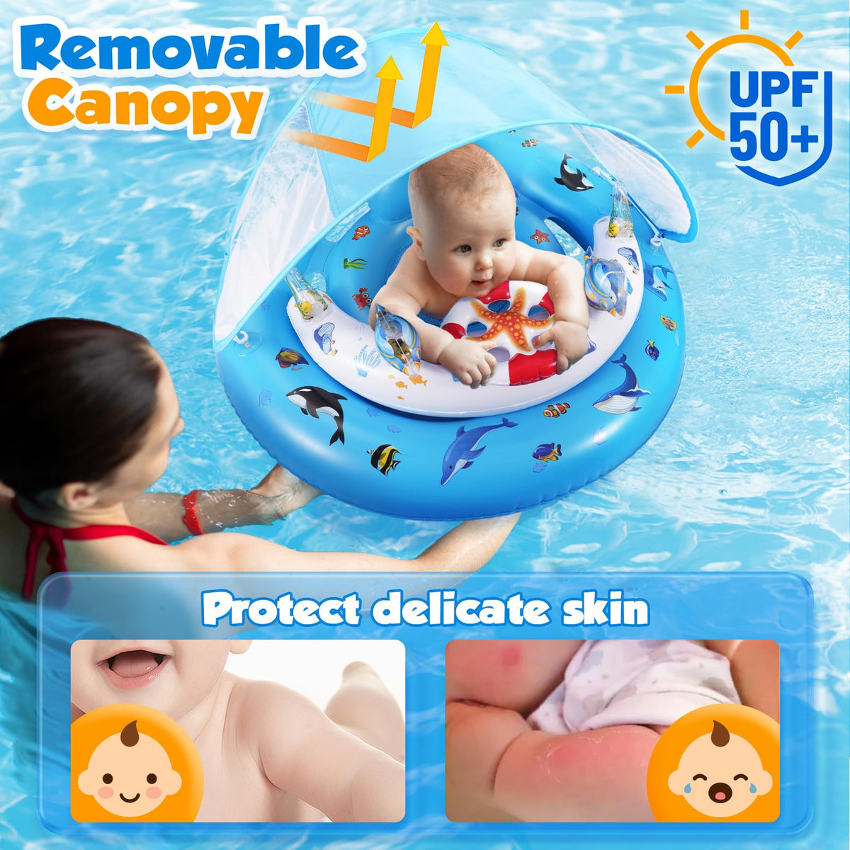 Baby Pool Float with Canopy Upf50+ Sun Protection, Baby Swimming Float
