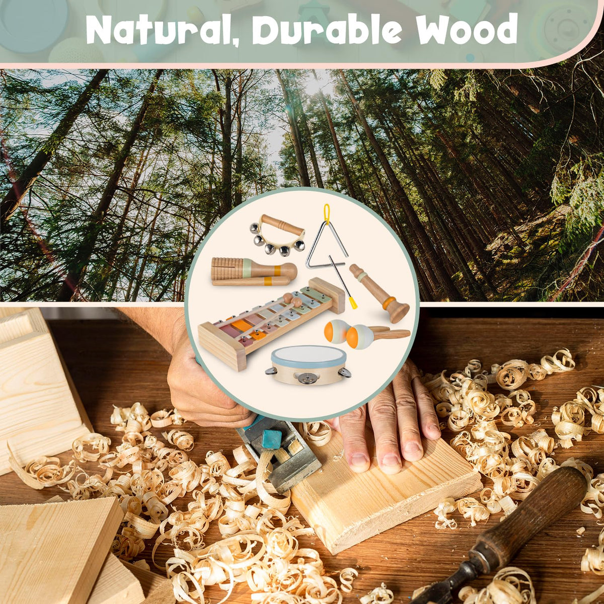 Stoie's Wooden Toddler Musical Instruments with Xylophone, Maracas, Triangle, Tamburine for Babies