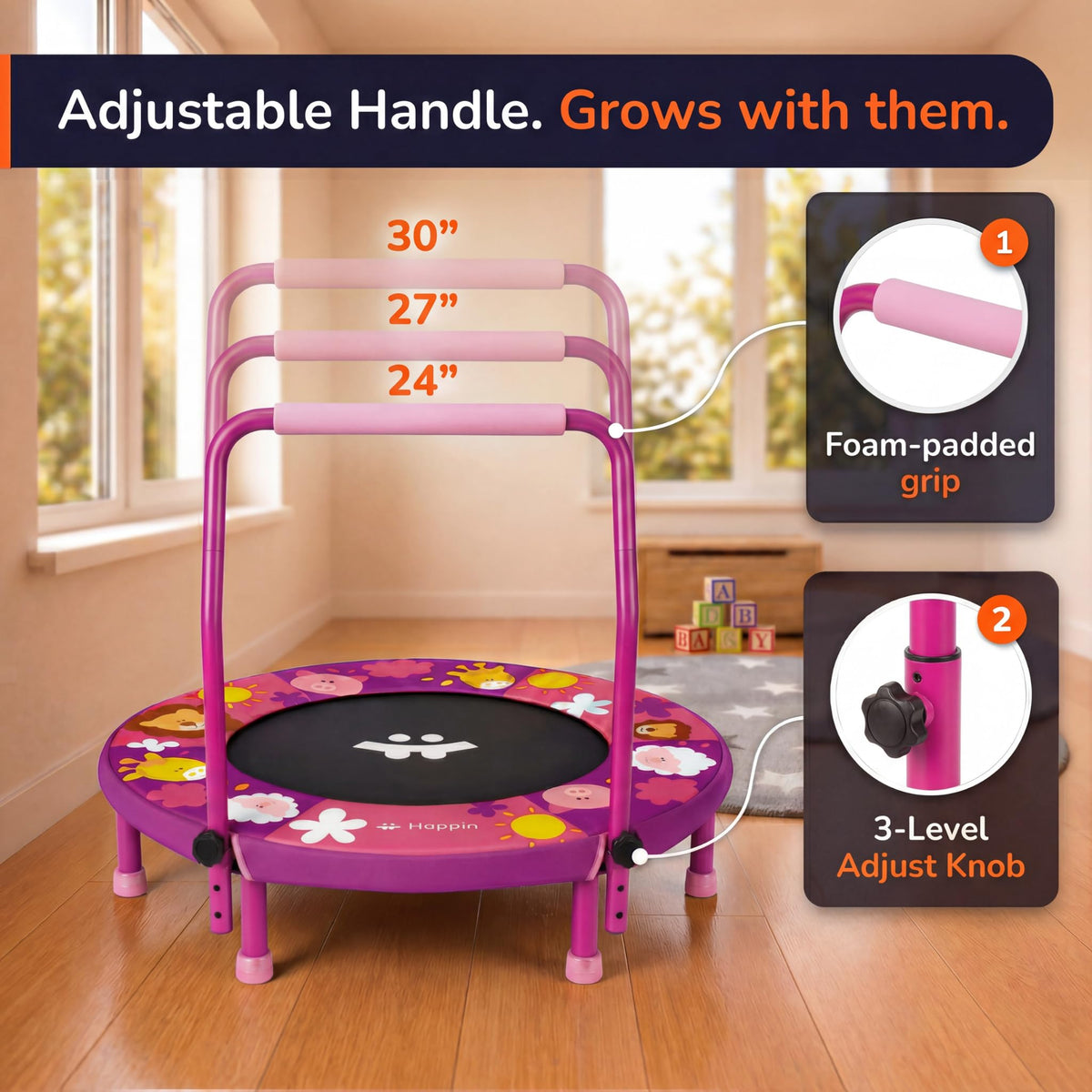 Happin® 36'' Toddler Trampoline Indoor, Foldable Mini Trampoline for Kids Ages 2-6, ASTM Certified