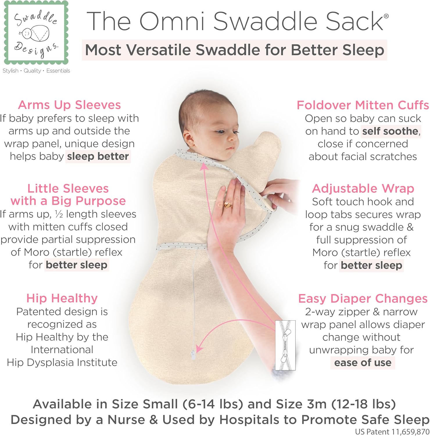 SwaddleDesigns 6-Way Omni Swaddle Sack Arms Up Swaddle for Newborn, More Options to Calm Startle