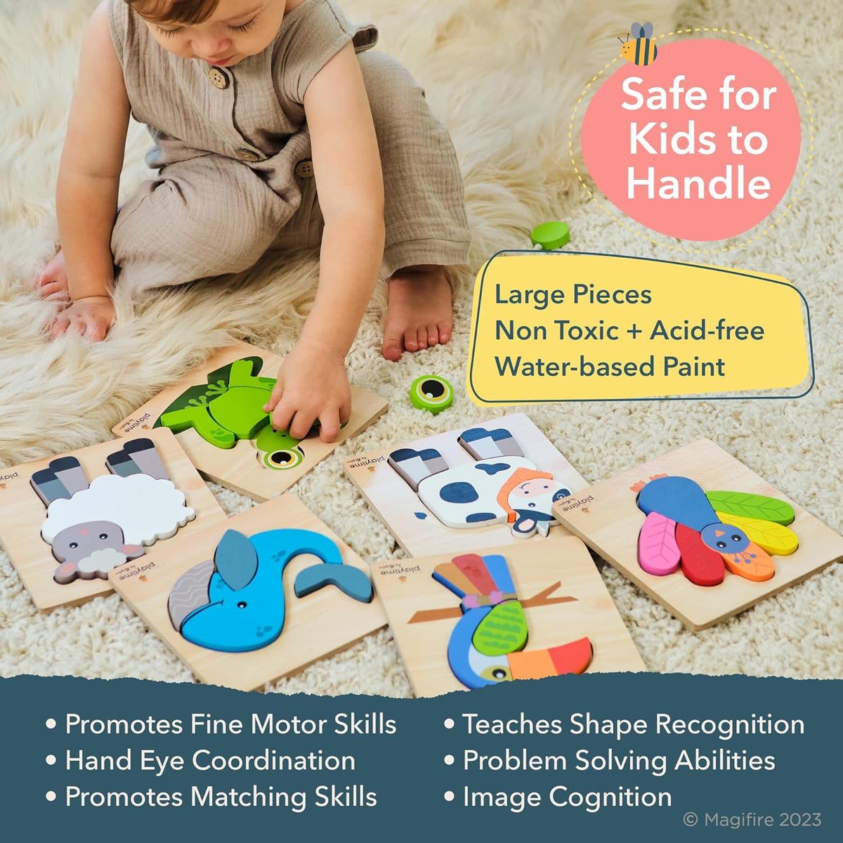 MAGIFIRE Wooden Puzzles for Toddlers 1-3 - 6-Pack Multicolor Cartoon Animal Puzzle Set - Large
