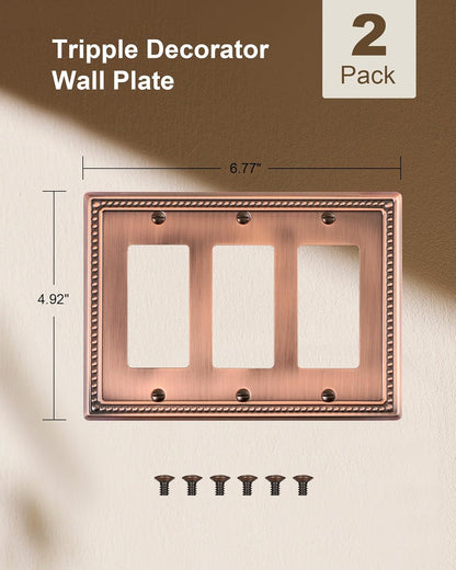 2-Pack Triple Decorator Outlet Cover Plate, Antique Copper Pearls Decorative Switch Plates and