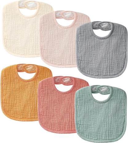 6-Pack Muslin Baby Bibs for Unisex Boys Girls, Cotton Baby Drool Bibs, Drooling and Teething Bibs