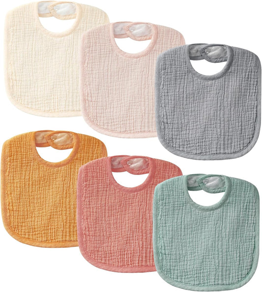 6-Pack Muslin Baby Bibs for Unisex Boys Girls, Cotton Baby Drool Bibs, Drooling and Teething Bibs