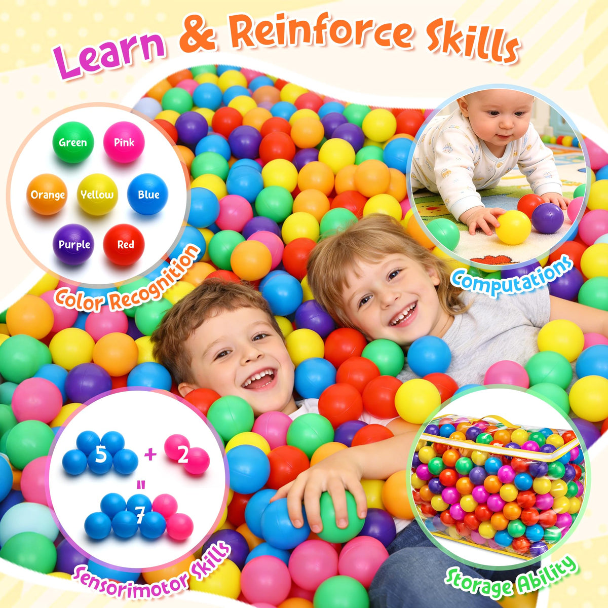Hovenlay Ball Pit Balls Phthalate Free BPA Free Crush Proof Plastic - 7 Bright Colors in Reusable
