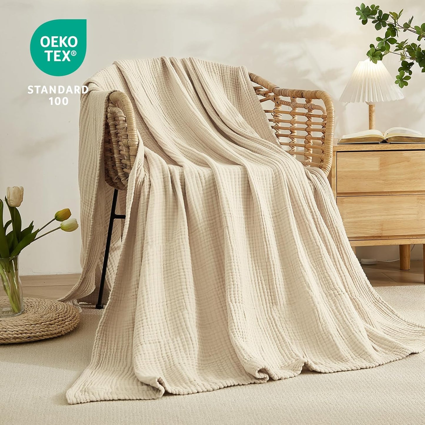EMME Cotton Blanket King Size for Bed Soft Muslin Blankets 108"x90" Lightweight Breathable Layering