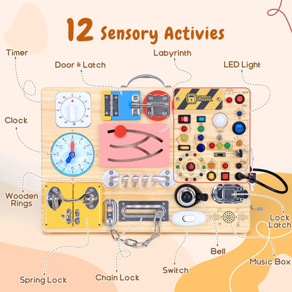 25 in 1 Busy Board with 13 LED Light Switches and 12 Activity, Montessori Toys for 1 2 3 Years Old