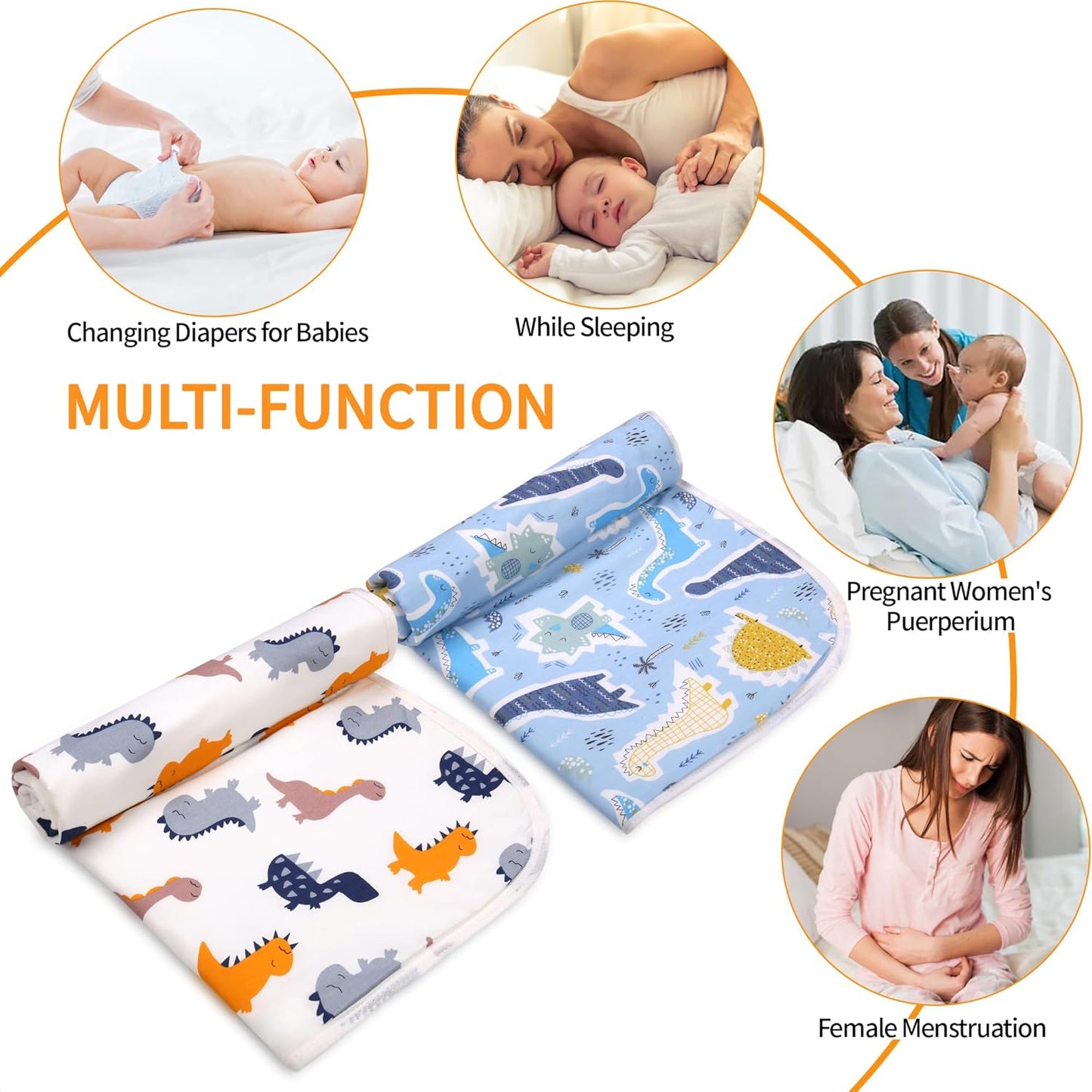 2Pcs Diaper Changing Pads for Baby, Dinosaur Change Mat, 3Layers Waterproof Change Pad Foldable