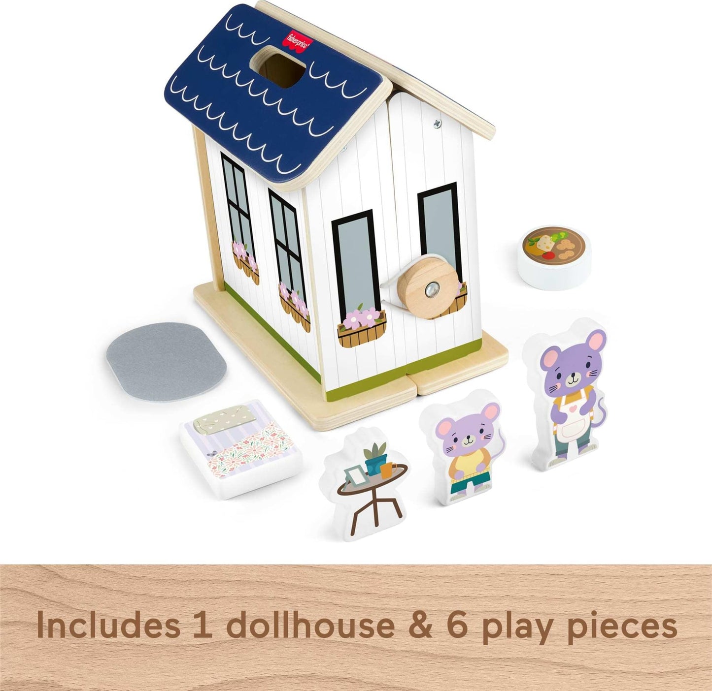 Fisher-Price Wood Pretend Play Toy Dollhouse, 6-Piece Wooden House Playset for Travel Preschool