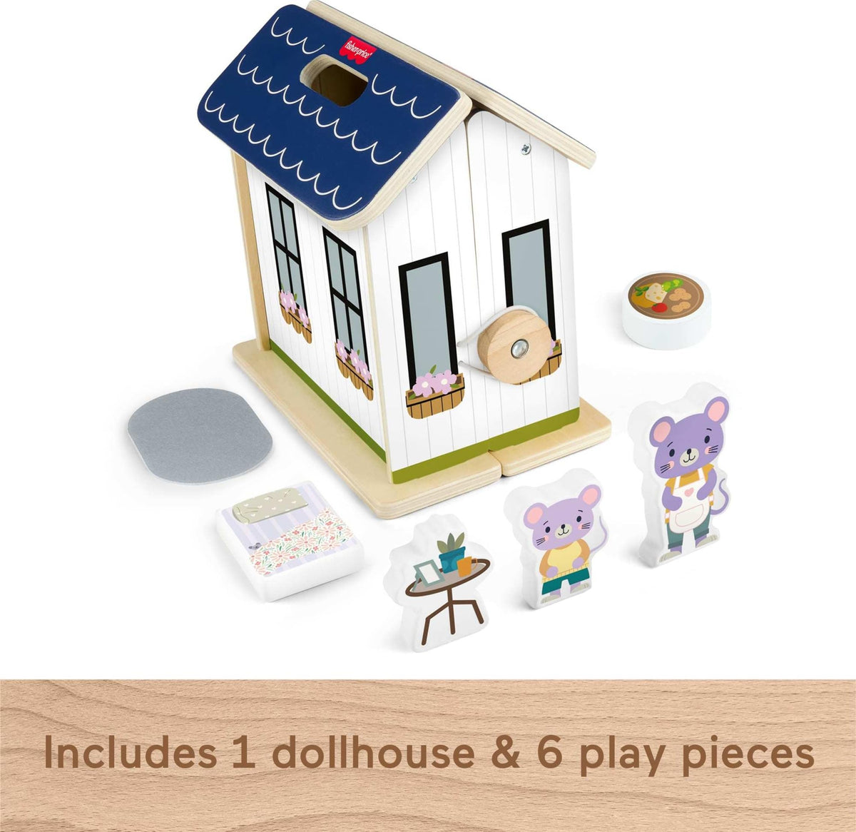 Fisher-Price Wood Pretend Play Toy Dollhouse, 6-Piece Wooden House Playset for Travel Preschool