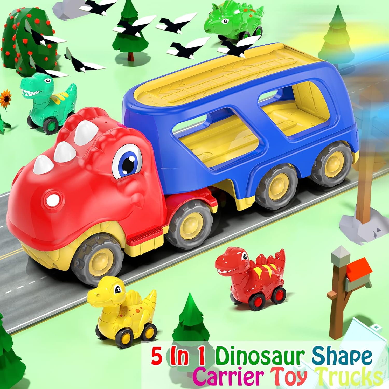 Toddler Car Toy for 2 3 4 5 Years Old, Dinosaur Transport Carrier Truck with 4 Pack Small Pull Back