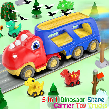 Toddler Car Toy for 2 3 4 5 Years Old, Dinosaur Transport Carrier Truck with 4 Pack Small Pull Back