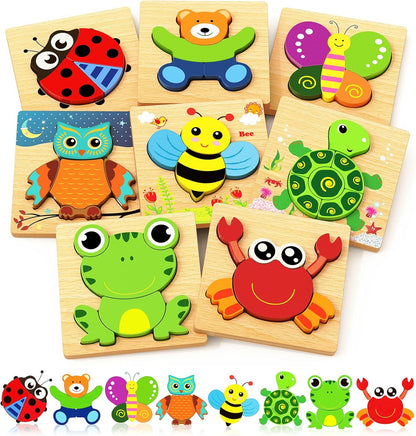 Bekayshad Wooden Puzzles Toddler Toys Gifts for 1 2 3 Year Old Boys Girls, 8 Pack Animal Jigsaw
