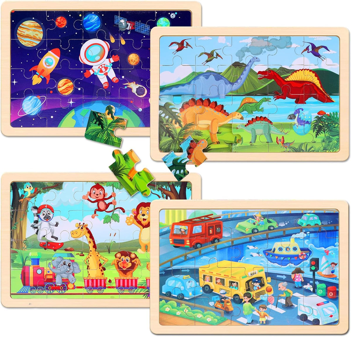 Wooden Educational Jigsaw Puzzles for Preschool Kids Ages 3-5, 4-Pack with 20 Pieces Dinosaur