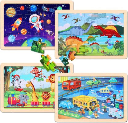 Wooden Educational Jigsaw Puzzles for Preschool Kids Ages 3-5, 4-Pack with 20 Pieces Dinosaur