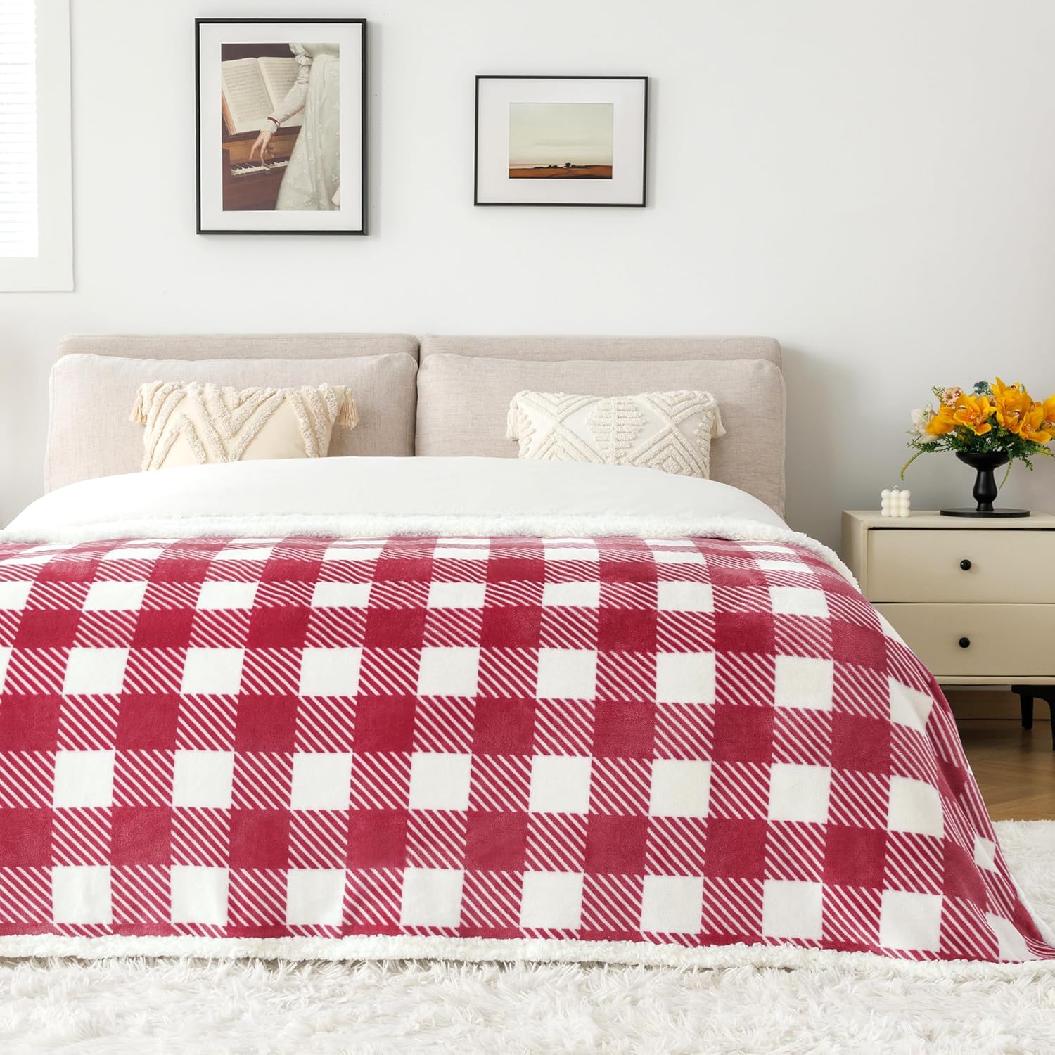 Touchat Sherpa Plaid Twin Blanket 60" X 70", Fuzzy Fluffy Soft Cozy Throw Blanket, Twin Size Plush