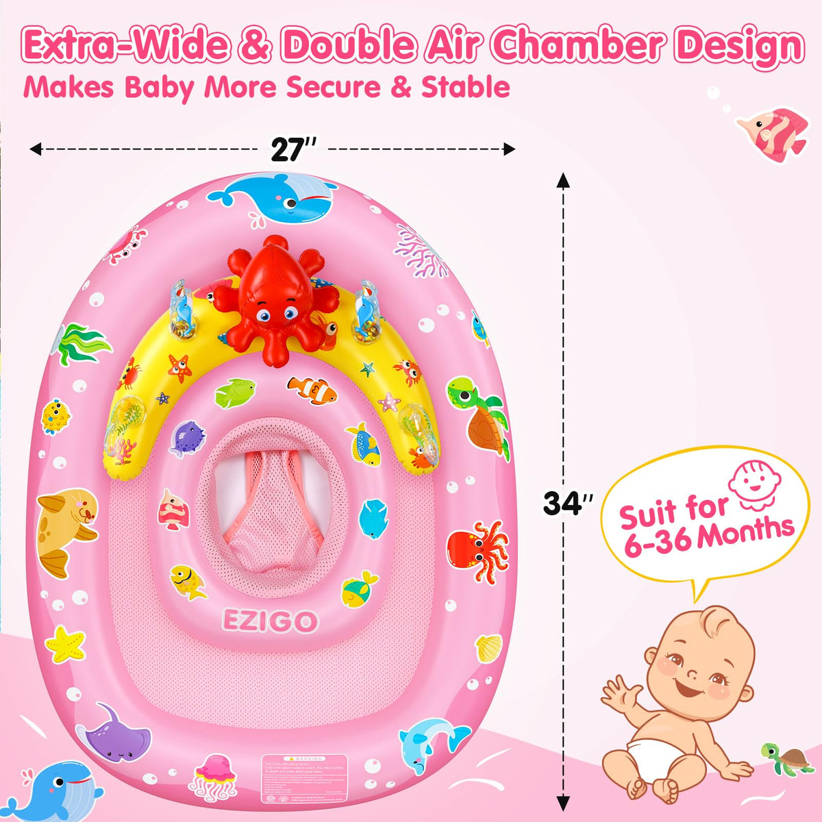 EZIGO Baby Pool Float with UPF50+ Canopy, Infant Swim Floats 6-36 Months