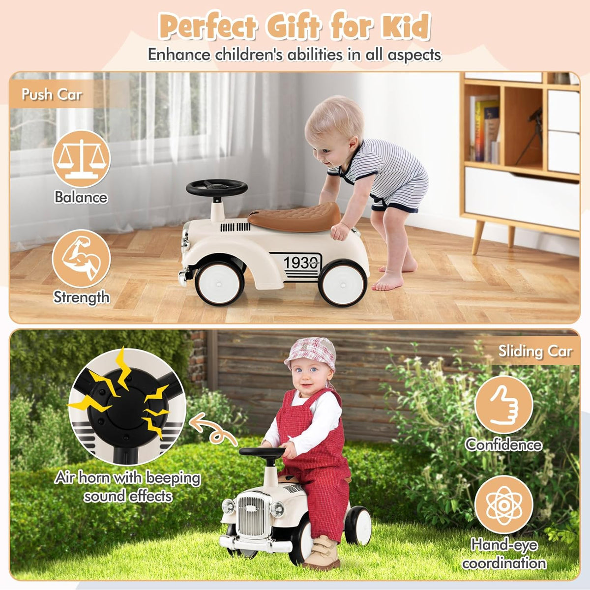 HONEY JOY Ride On Push Car, Outdoor Toddler Riding Toys w/Steering Wheel, Horn & Storage