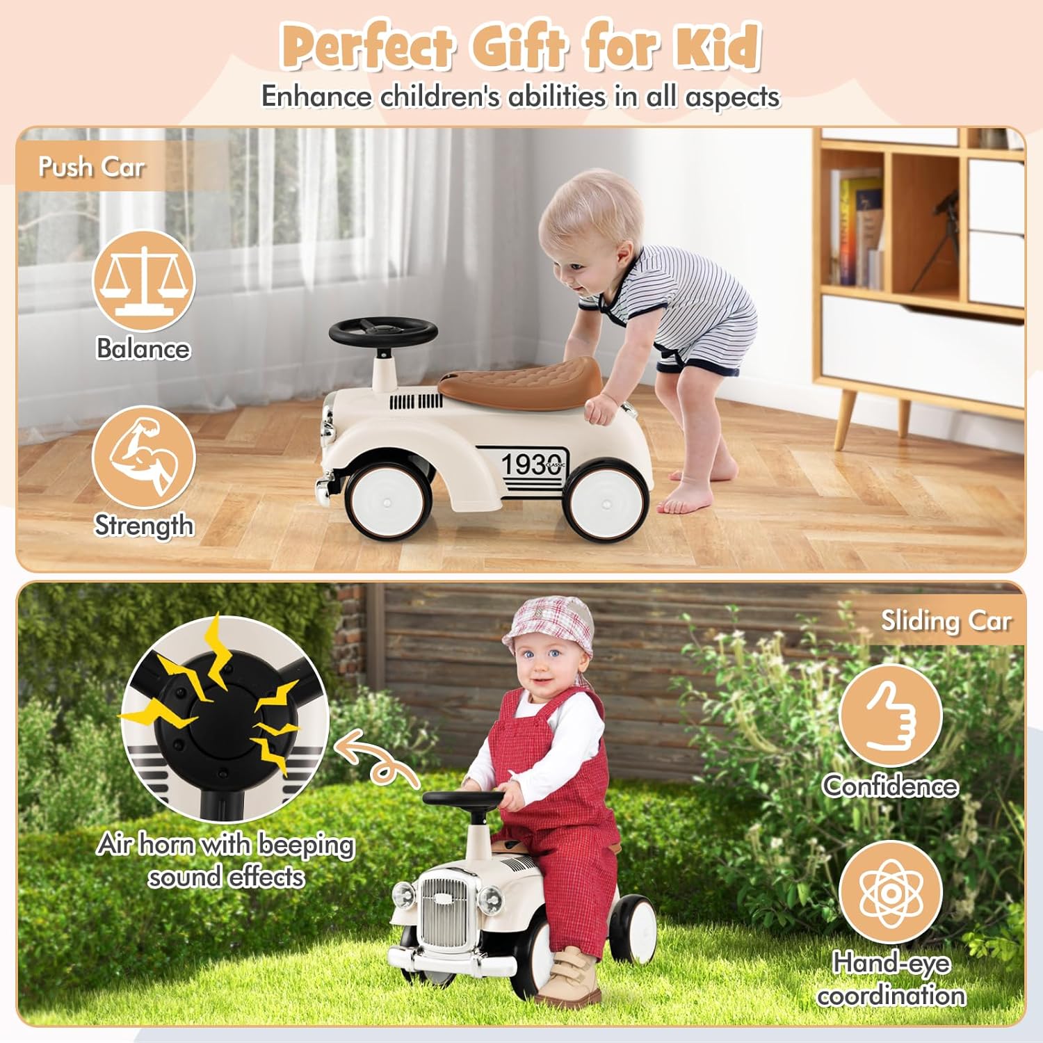 HONEY JOY Ride On Push Car, Outdoor Toddler Riding Toys w/Steering Wheel, Horn & Storage
