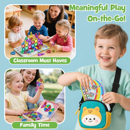 Magnetic Tiles Travel Toys for Kids 4-8, 42PCS Candy Color STEM Building Blocks with Visual Storage