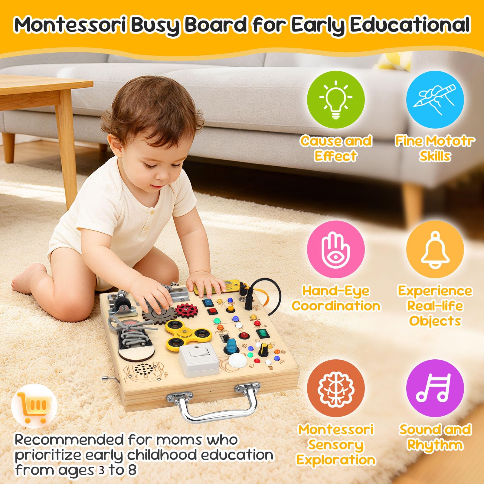 AMGAMGTS Wooden Montessori Busy Board with 17 LED Lights for Toddlers