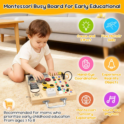 AMGAMGTS Wooden Montessori Busy Board with 17 LED Lights for Toddlers
