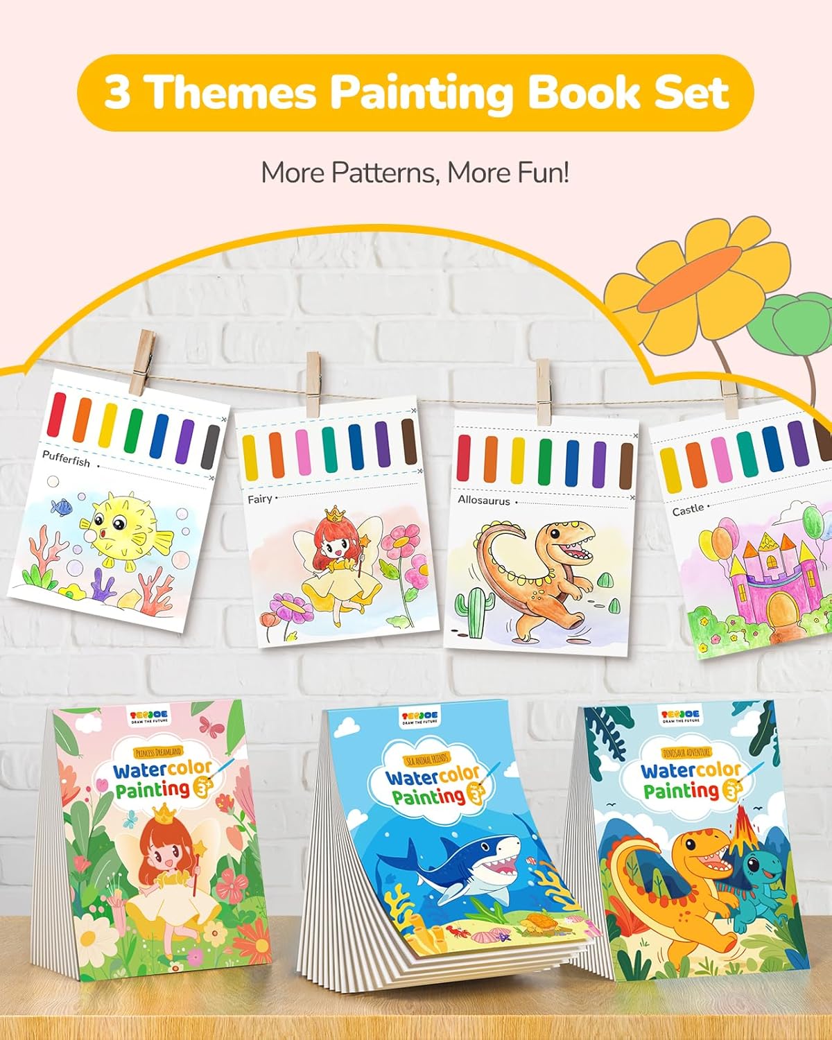 TECJOE 3 Pack Paint With Water Coloring Books for Toddlers, Watercolor Paint Set with 6 Brushes