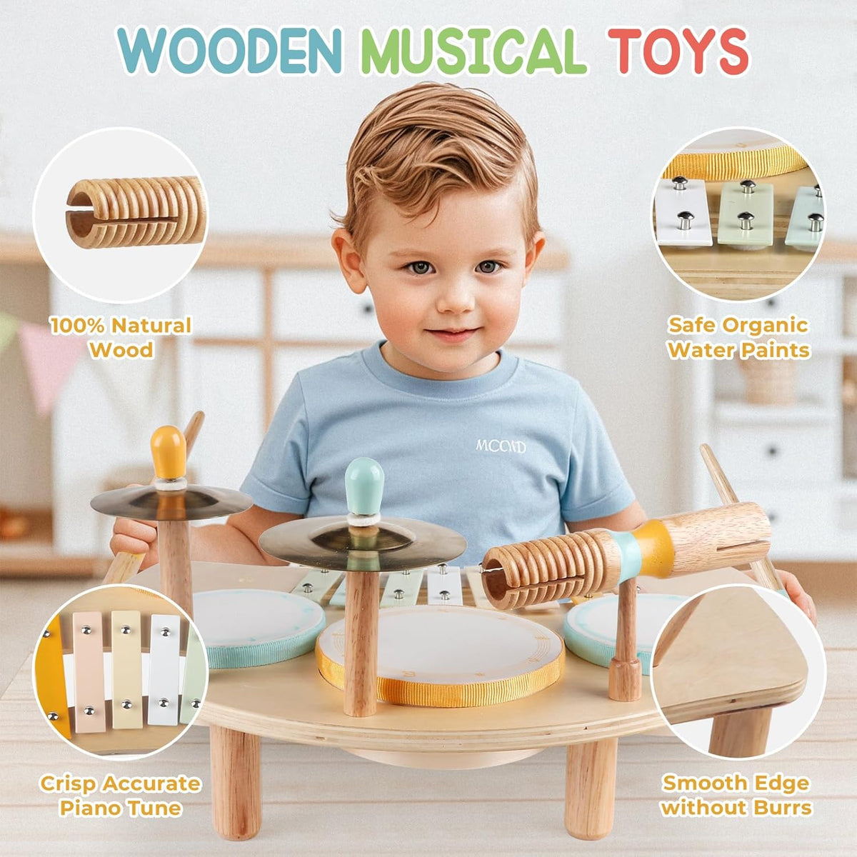 Kids Drum Set, Montessori Musical Instruments for Toddlers 1-3, Wooden Musical Toys for Baby 12-18